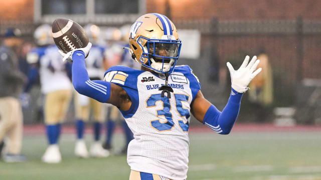 Jul 1, 2023; Montreal, Quebec, CAN; Winnipeg Blue Bombers defensive back Demerio Houston (35) throws the ball during warm-up before the game against the Montreal Alouettes at Percival Molson Memorial Stadium. Mandatory Credit: David Kirouac-USA TODAY Sports  