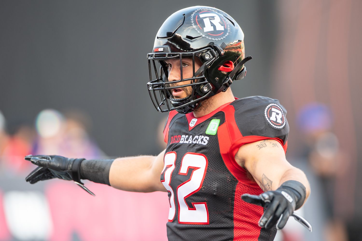 Jun 15, 2023; Ottawa, Ontario, CAN; Ottawa REDBLACKS lineback Adam Auclair (32) warms up prior to game against the Calgary Stampeders at TD Place. Mandatory Credit: Marc DesRosiers-USA TODAY Sports  