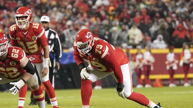 Nov 20, 2023; Kansas City, Missouri, USA; Kansas City Chiefs offensive tackle Donovan Smith (79) on the line of scrimmage against the Philadelphia Eagles during the game at GEHA Field at Arrowhead Stadium.