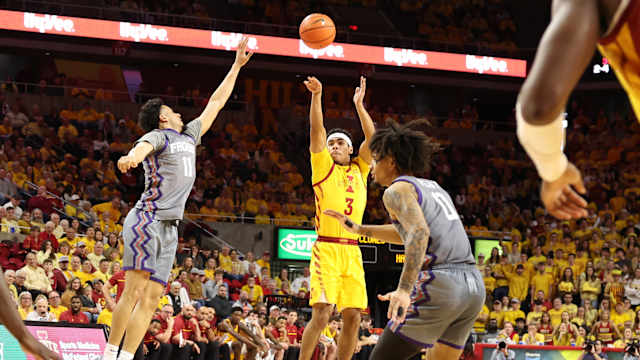 Feb 10, 2024; Ames, Iowa, USA; Iowa State Cyclones guard Tamin Lipsey (3) shoots over TCU Horned Frogs guard Trevian Tennyson (11) during the first half at James H. Hilton Coliseum. Mandatory Credit: Reese Strickland-USA TODAY Sports  