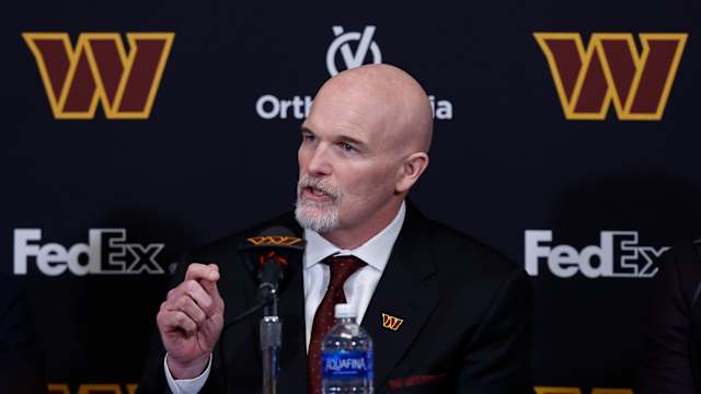 Feb 5, 2024; Ashburn, VA, USA; Washington Commanders head coach Dan Quinn speaks at his introductory press conference at Commanders Park.