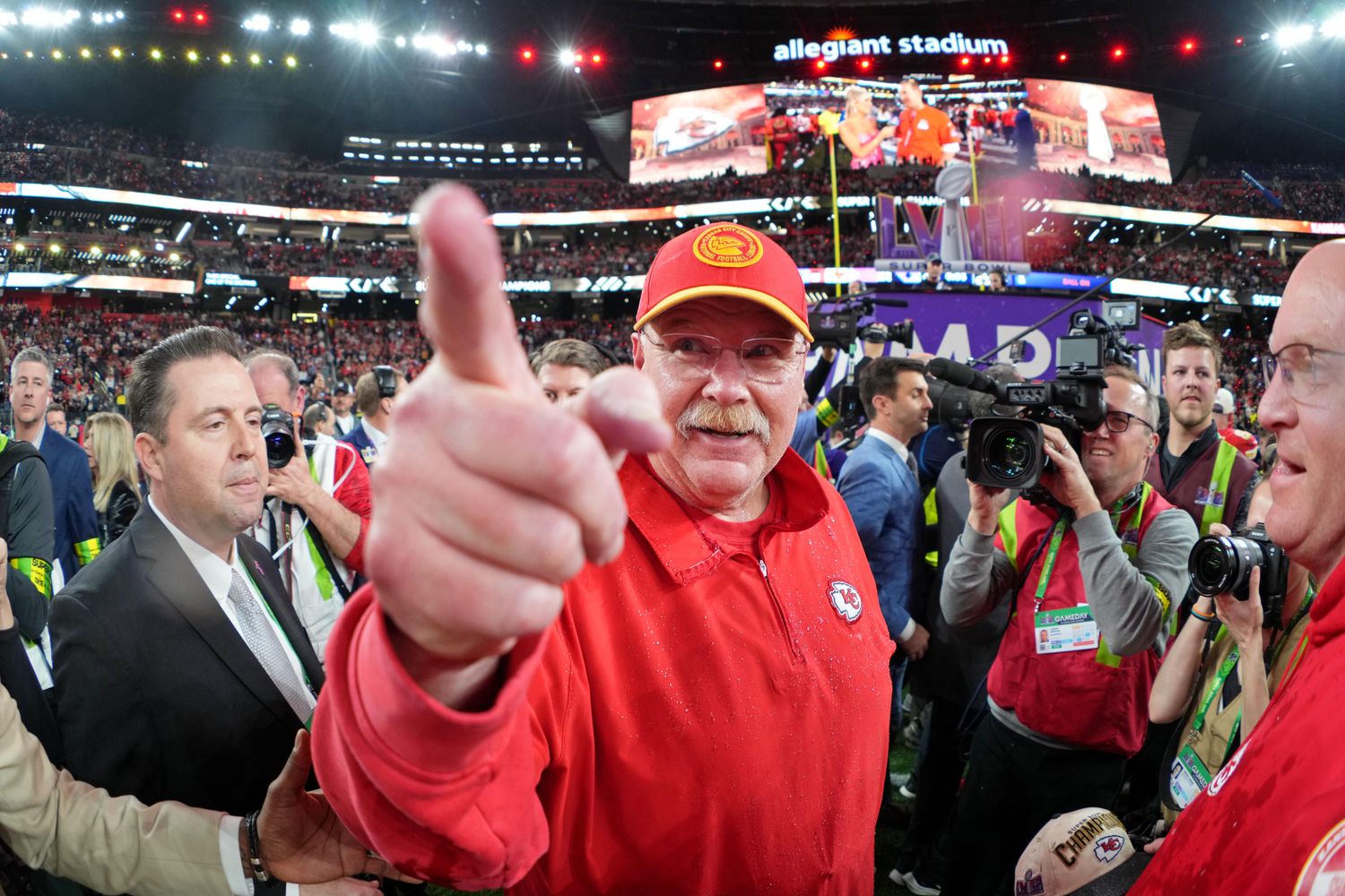 Feb 11, 2024; Paradise, Nevada, USA; Kansas City Chiefs head coach Andy Reid celebrates after winning Super Bowl LVIII against the San Francisco 49ers at Allegiant Stadium. Mandatory Credit: Kirby Lee-USA TODAY Sports  