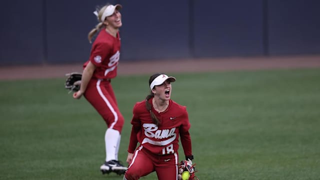 Alabama softball player Lauren Johnson (18) celebrates against Georgia Tech at Shirley Clements Mewborn Field in Atlanta, GA on Saturday, Feb 10, 2024.