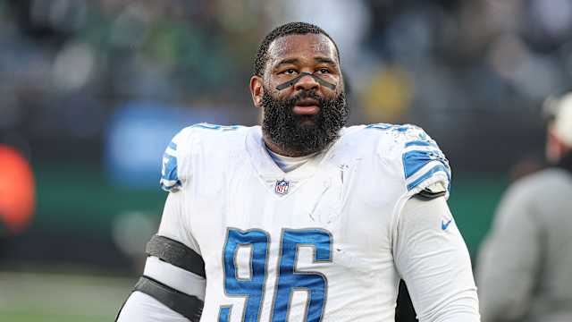 Dec 18, 2022; East Rutherford, New Jersey, USA; Detroit Lions defensive end Isaiah Buggs (96) looks on during the second half against the New York Jets at MetLife Stadium. Mandatory Credit: Vincent Carchietta-USA TODAY Sports  