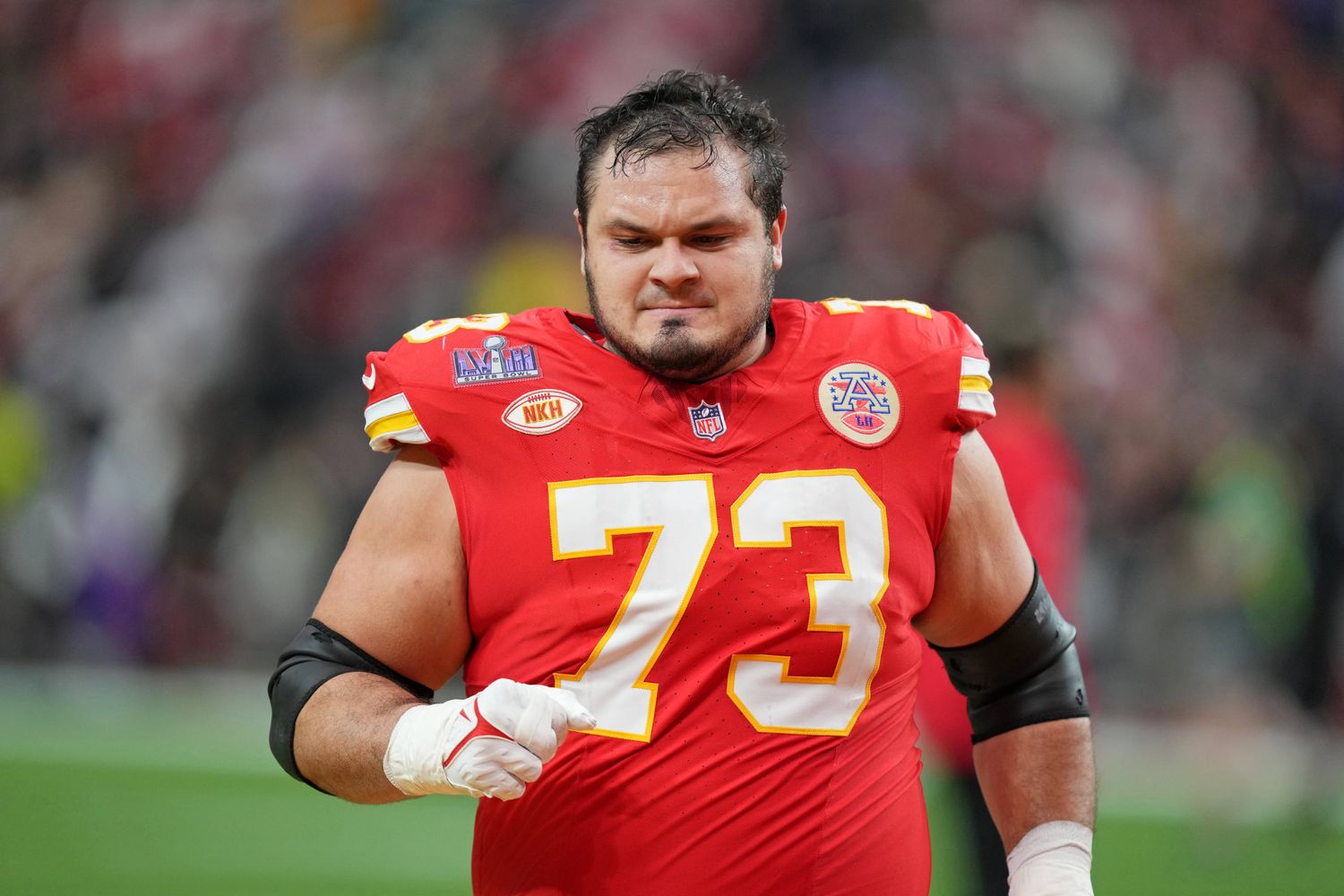 Feb 11, 2024; Paradise, Nevada, USA; Kansas City Chiefs guard Nick Allegretti (73) warms up before Super Bowl LVIII against the San Francisco 49ers at Allegiant Stadium. Mandatory Credit: Kirby Lee-USA TODAY Sports  