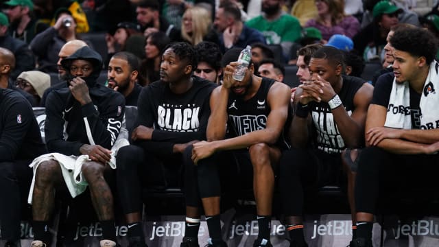 February 14, 2024; The Brooklyn Nets bench looks on as they take on the Boston Celtics in the second half at TD Garden