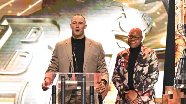 New Detroit Lions defensive end Mathieu Betts speaks at the CFL Awards.