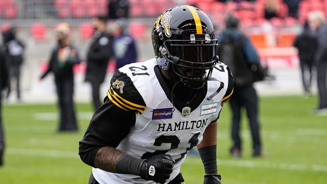 Dec 5, 2021; Toronto, Ontario, CAN; Hamilton Tiger-Cats linebacker Simoni Lawrence (21) during warm up in the Canadian Football League Eastern Conference Final against the Toronto Argonauts at BMO Field. Mandatory Credit: John E. Sokolowski-USA TODAY Sports  
