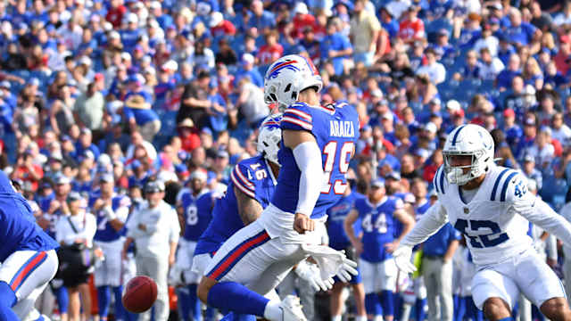 Aug 13, 2022; Orchard Park, New York, USA; Buffalo Bills punter Matt Araiza (19) makes contact with the ball in the second quarter pre-season game against the Indianapolis Colts at Highmark Stadium. Mandatory Credit: Mark Konezny-USA TODAY Sports  