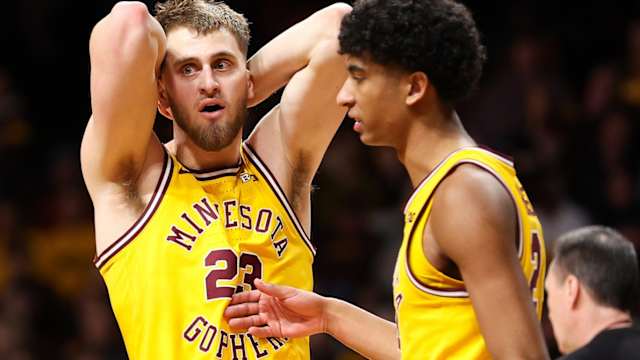 Feb 22, 2024; Minneapolis, Minnesota, USA; Minnesota Golden Gophers forward Parker Fox (23) reacts to a foul charge called against him during the second half against the Ohio State Buckeyes at Williams Arena.