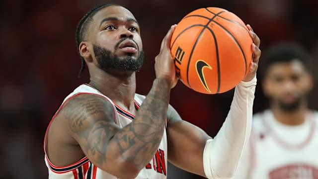 Houston Cougars guard Jamal Shead (1) attempts a free throw during the second half against the Iowa State Cyclones at Fertitta Center in Houston, Texas, on Feb. 19, 2024.