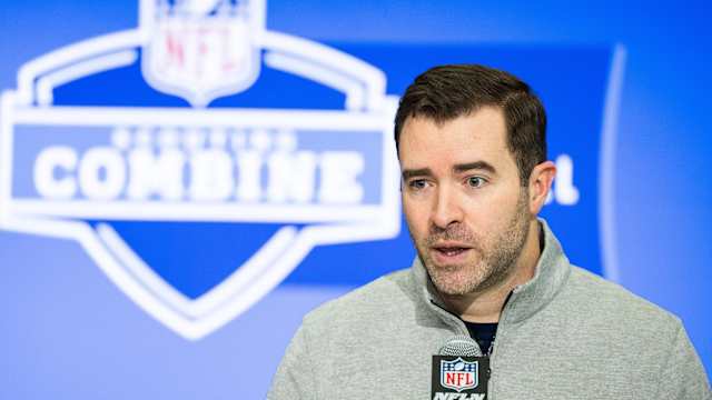 Feb 27, 2024; Indianapolis, IN, USA; Tennessee Titans head coach Brian Callahan talks to the media at the 2024 NFL Combine at Indiana Convention Center. Mandatory Credit: Trevor Ruszkowski-USA TODAY Sports