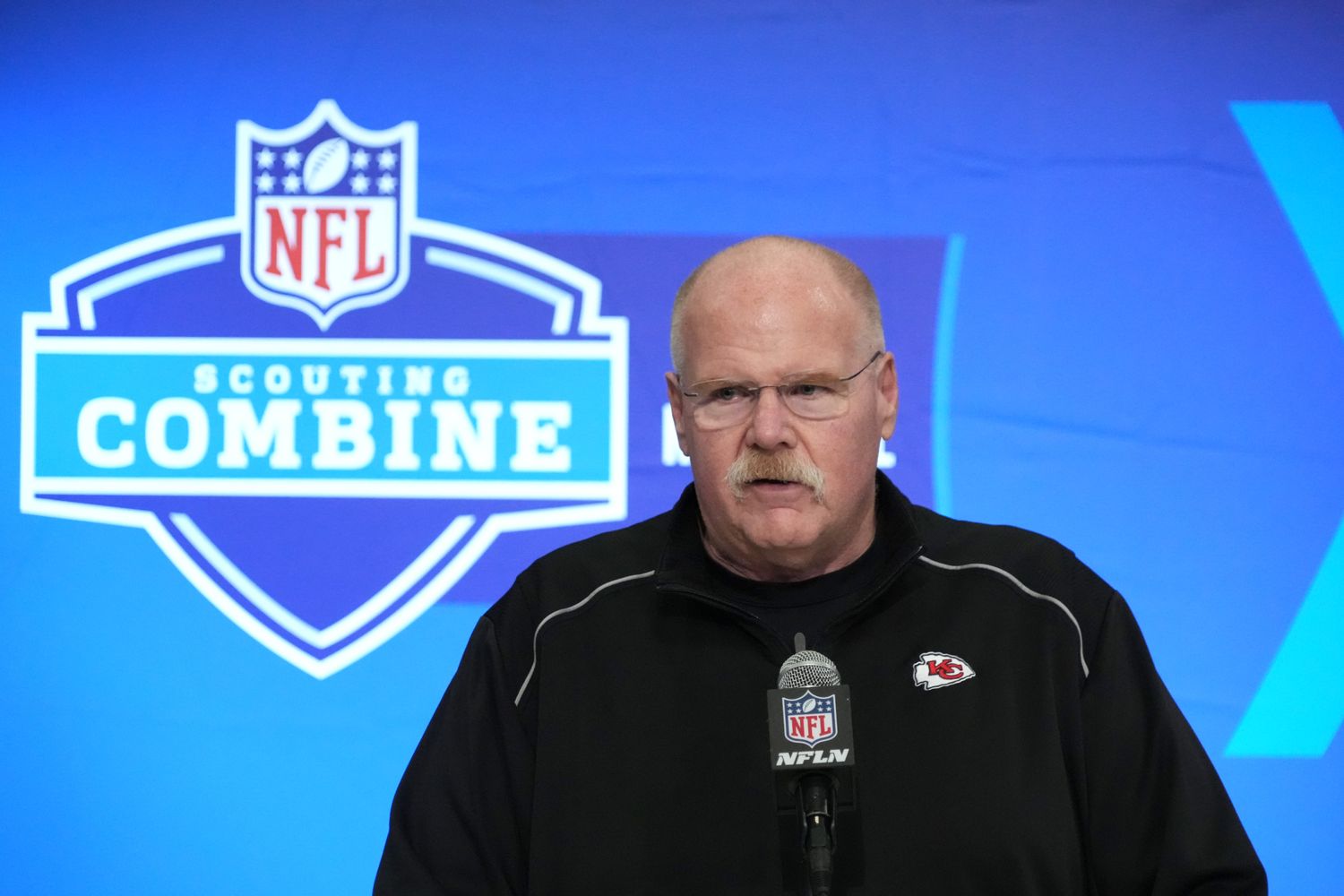 Feb 27, 2024; Indianapolis, IN, USA; Kansas City Chiefs coach Andy Reid during the NFL Scouting Combine at Indiana Convention Center. Mandatory Credit: Kirby Lee-USA TODAY Sports  