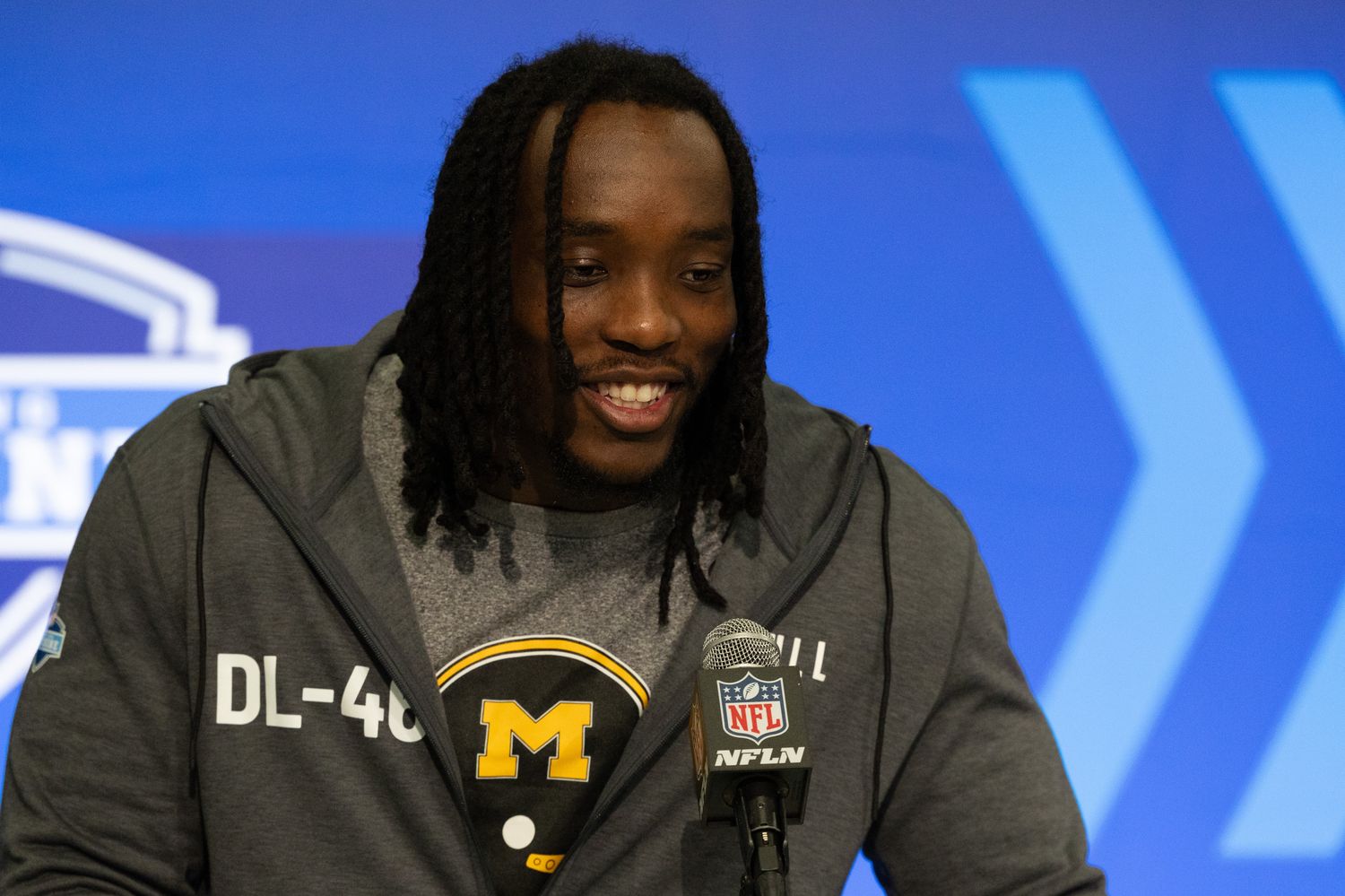 Feb 28, 2024; Indianapolis, IN, USA; Missouri defensive lineman Darius Robinson (DL46) talks to the media at the 2024 NFL Combine at Indiana Convention Center. Mandatory Credit: Trevor Ruszkowski-USA TODAY Sports  