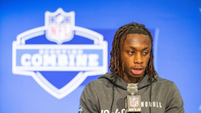 Mar 1, 2024; Indianapolis, IN, USA; Texas wide receiver Xavier Worthy (WO40) talks to the media during the 2024 NFL Combine at Lucas Oil Stadium. Mandatory Credit: Trevor Ruszkowski-USA TODAY Sports