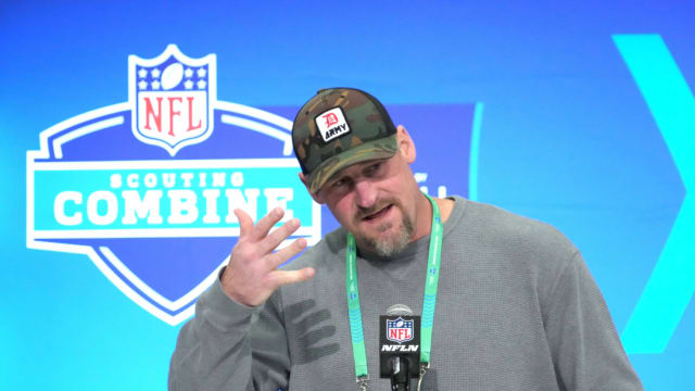 Detroit Lions coach Dan Campbell speaks at the 2024 NFL Combine.