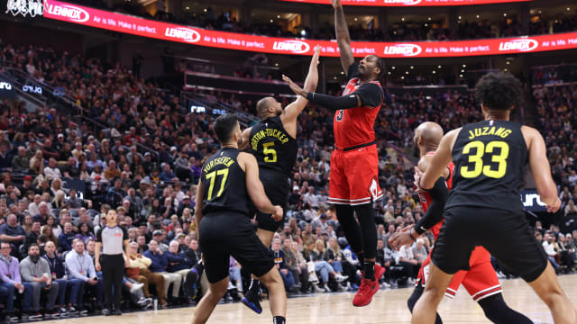 Chicago Bulls center Andre Drummond (3) shoots over Utah Jazz guard Talen Horton-Tucker (5) during the third quarter at Delta Center.