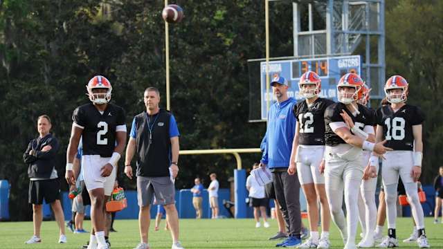 Florida QBs DJ Lagway and Graham Mertz, head coach Billy Napier