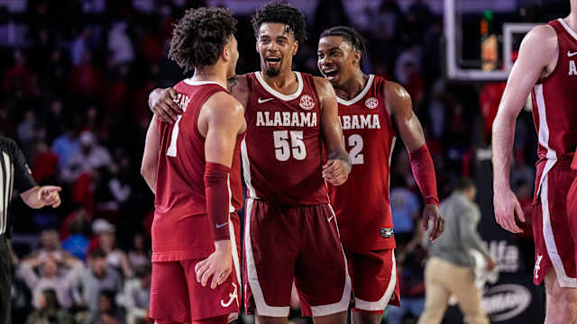 Jan 31, 2024; Athens, Georgia, USA; Alabama Crimson Tide guards Mark Sears (1) and Aaron Estrada (55) react after a comeback win against the Georgia Bulldogs at Stegeman Coliseum. Mandatory Credit: Dale Zanine-USA TODAY Sports  