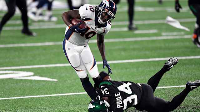 New York Jets cornerback Brian Poole (34) tackles Denver Broncos wide receiver Jerry Jeudy (10) in the second half. The Jets lose to the Broncos, 37-28, at MetLife Stadium on Thursday, Oct. 1, 2020, in East Rutherford. Nfl Jets Broncos