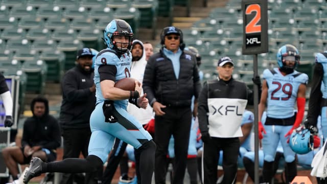Feb 18, 2023; Arlington, TX, USA; Arlington Renegades quarterback Drew Plitt (9) scrambles for positive yardage against the Vegas Vipers during the second half at Choctaw Stadium. Mandatory Credit: Raymond Carlin III-USA TODAY Sports  