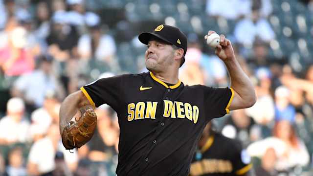 Oct 1, 2023; Chicago, Illinois, USA; San Diego Padres starting pitcher Rich Hill (41) pitches during the tenth inning against the Chicago White Sox at Guaranteed Rate Field.