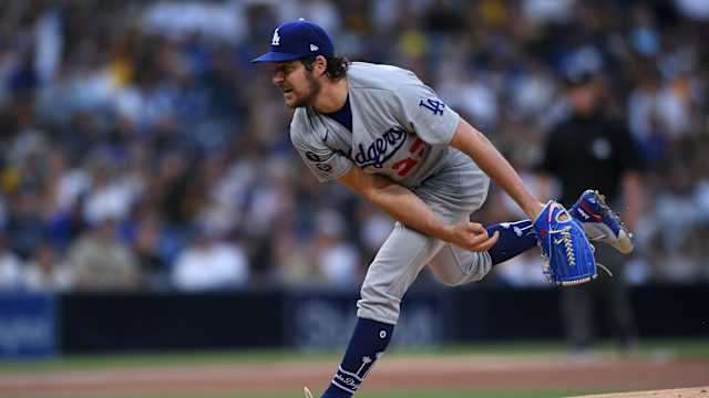 Jun 23, 2021; San Diego, California, USA; Los Angeles Dodgers starting pitcher Trevor Bauer (27) throws a pitch against the San Diego Padres during the first inning at Petco Park.