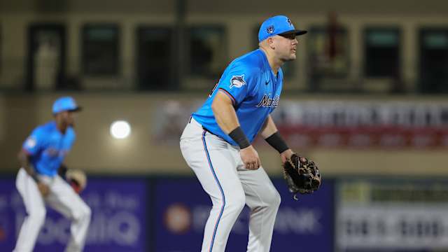 Mar 4, 2024; Jupiter, Florida, USA; Miami Marlins third baseman Jake Burger (36) gets set at his position against the New York Yankees during the second inning at Roger Dean Chevrolet Stadium.
