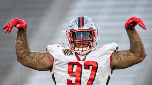Apr 18, 2022; Birmingham, AL, USA; Tampa Bay Bandits defensive lineman Reggie Howard (97) celebrates a sack against the Pittsburgh Maulers during the first half at Protective Stadium. Mandatory Credit: Vasha Hunt-USA TODAY Sports  