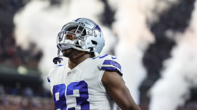Sep 11, 2022; Arlington, Texas, USA; Dallas Cowboys defensive end Tarell Basham (93) reacts against the Tampa Bay Buccaneers at AT&T Stadium. Mandatory Credit: Kevin Jairaj-USA TODAY Sports  