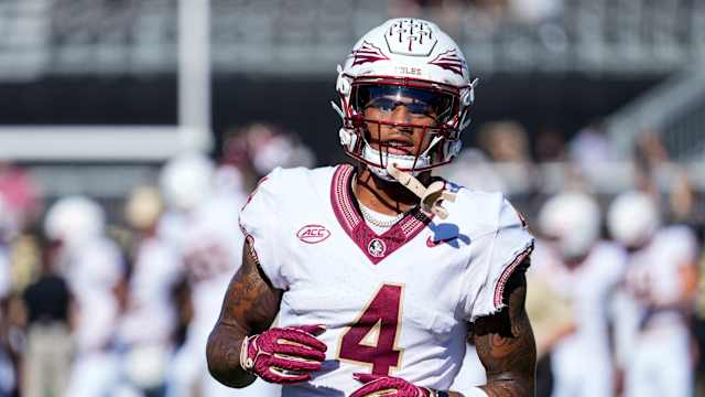 Oct 28, 2023; Winston-Salem, North Carolina, USA; Florida State Seminoles wide receiver Keon Coleman (4) warms up during the first half against the Wake Forest Demon Deacons at Allegacy Federal Credit Union Stadium. Mandatory Credit: Jim Dedmon-USA TODAY Sports  