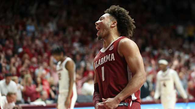 Mar 9, 2024; Tuscaloosa, Alabama, USA; Alabama guard Mark Sears (1) celebrates as Alabama closes out the win over Arkansas at Coleman Coliseum. Alabama came from behind to win on overtime 92-88. Mandatory Credit: Gary Cosby Jr.-USA TODAY Sports  