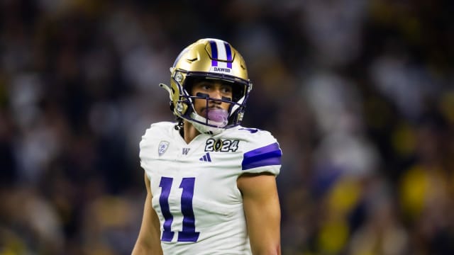 Jan 8, 2024; Houston, TX, USA; Washington Huskies wide receiver Jalen McMillan (11) against the Michigan Wolverines during the 2024 College Football Playoff national championship game at NRG Stadium. Mandatory Credit: Mark J. Rebilas-USA TODAY Sports  