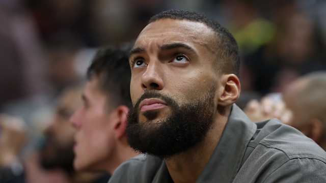 Mar 16, 2024; Salt Lake City, Utah, USA; Minnesota Timberwolves center Rudy Gobert (27) looks on against the Utah Jazz during the fourth quarter at Delta Center.
