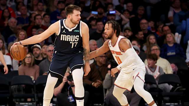 Dec 3, 2022; New York, New York, USA; Dallas Mavericks guard Luka Doncic (77) controls the ball against New York Knicks guard Jalen Brunson (11) during the third quarter at Madison Square Garden. Mandatory Credit: Brad Penner-USA TODAY Sports