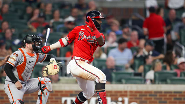 Aug 18, 2023; Atlanta, Georgia, USA; Atlanta Braves center fielder Michael Harris II (23) hits a RBI single against the San Francisco Giants in the sixth inning at Truist Park.