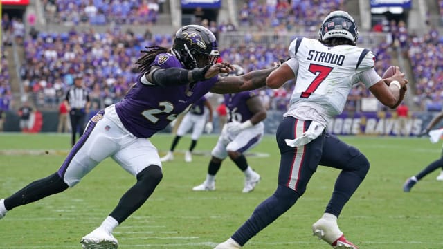 Sep 10, 2023; Baltimore, Maryland, USA; Baltimore Ravens Jadeveon Clowney linebacker (24) pressures Houston Texans quarterback C.J. Stroud (7) in the second quarter at M&T Bank Stadium. Mandatory Credit: Mitch Stringer-USA TODAY Sports