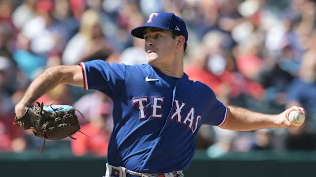Sep 17, 2023; Cleveland, Ohio, USA; Texas Rangers starting pitcher Cody Bradford (61) throws a pitch during the first inning against the Cleveland Guardians at Progressive Field. Mandatory Credit: Ken Blaze-USA TODAY Sports