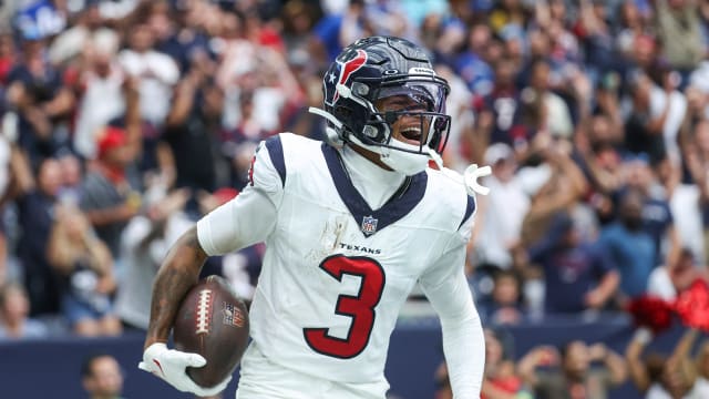Sep 17, 2023; Houston, Texas, USA; Houston Texans wide receiver Tank Dell (3) shouts after scoring a touchdown during the fourth quarter against the Indianapolis Colts at NRG Stadium. Mandatory Credit: Troy Taormina-USA TODAY Sports