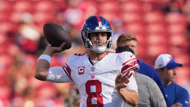 September 21, 2023; Santa Clara, California, USA; New York Giants quarterback Daniel Jones (8) warms up before the game against the San Francisco 49ers at Levi's Stadium.