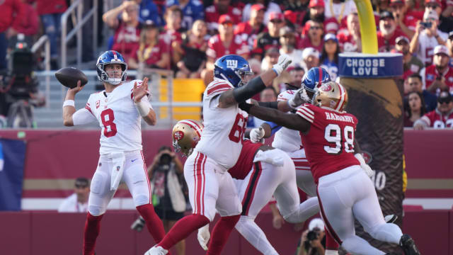 September 21, 2023; Santa Clara, California, USA; New York Giants quarterback Daniel Jones (8) passes the football against the San Francisco 49ers during the first quarter at Levi's Stadium.