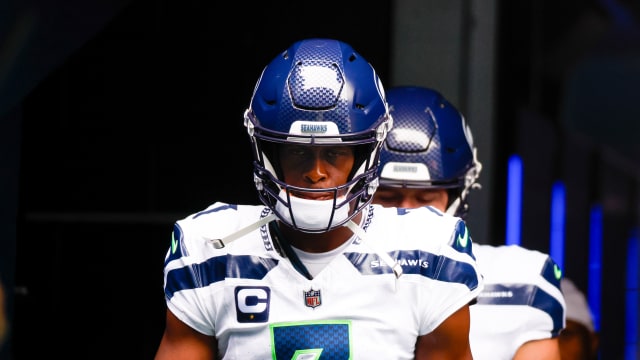 Seattle Seahawks quarterback Geno Smith (7) exits the locker room before pregame warmups against the Carolina Panthers at Lumen Field.