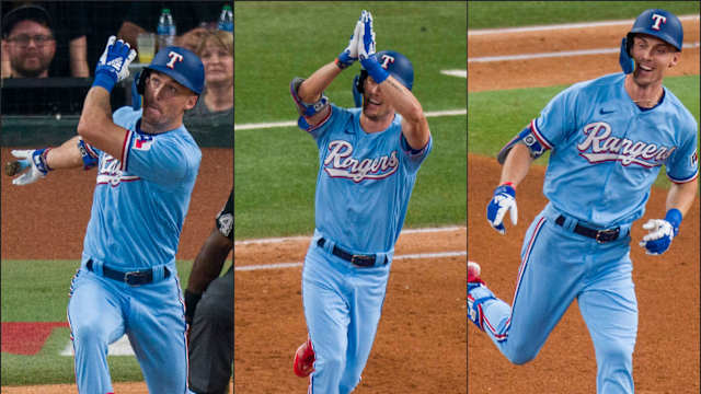 Texas Rangers outfielder Evan Carter, celebrating a two-run home run at Globe Life Field in September, is predicted to win AL Rookie of the Year in 2024 in an MLB.com survey of league front office personnel.