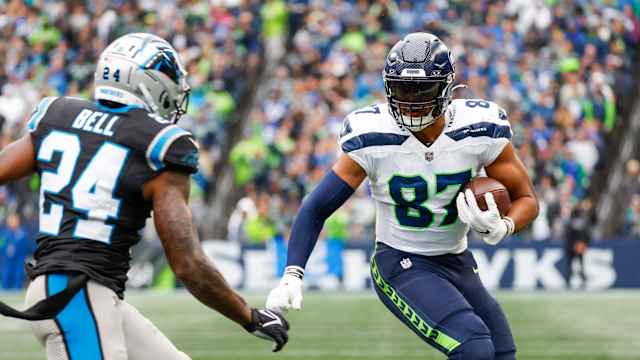 Sep 24, 2023; Seattle, Washington, USA; Seattle Seahawks tight end Noah Fant (87) runs for yards after the catch against the Carolina Panthers during the third quarter at Lumen Field. Mandatory Credit: Joe Nicholson-USA TODAY Sports