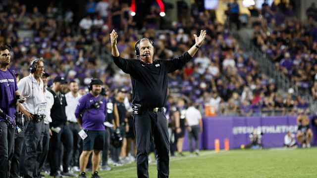 Sep 30, 2023; Fort Worth, Texas, USA; TCU Horned Frogs head coach Sonny Dykes reacts to a call in the third quarter against the West Virginia Mountaineers at Amon G. Carter Stadium.
