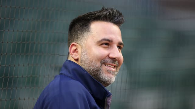 Oct 6, 2023; Atlanta, GA, USA; Atlanta Braves general manager Alex Anthopoulos watches a workout before the NLDS against the Philadelphia Phillies at Truist Park.