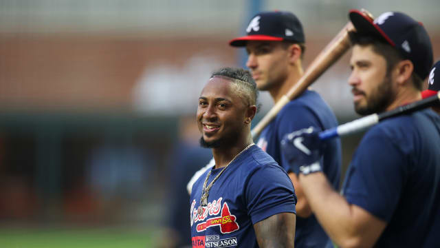 Oct 6, 2023; Atlanta, GA, USA; Atlanta Braves second baseman Ozzie Albies (1) during a workout before the NLDS against the Philadelphia Phillies at Truist Park.