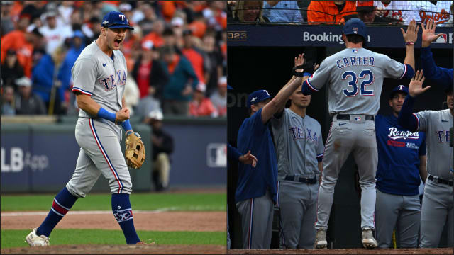 Texas Rangers rookies Josh Jung, left, and Evan Carter, have helped the team start the 2023 MLB postseason with three wins, including 3-2 over the Baltimore Orioles in Game 1 of the ALDS at Camden Yards on Saturday afternoon.