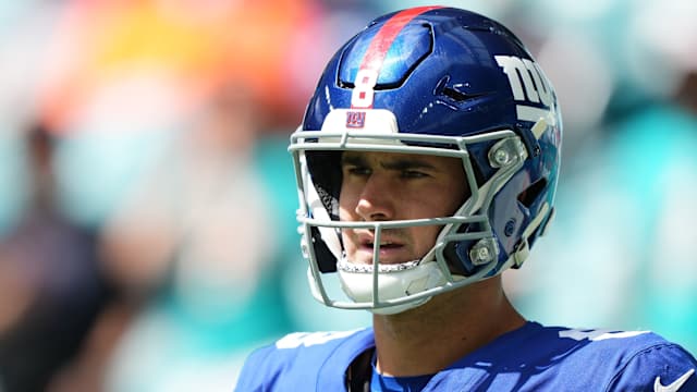 Oct 8, 2023; Miami Gardens, Florida, USA; New York Giants quarterback Daniel Jones (8) walks onto the field prior to the game against the New York Giants at Hard Rock Stadium.