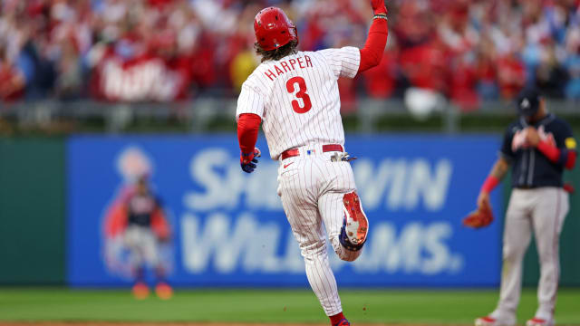 Oct 11, 2023; Philadelphia, Pennsylvania, USA; Philadelphia Phillies first baseman Bryce Harper (3) celebrates after hitting a three run home run during the third inning against the Atlanta Braves in game three of the NLDS for the 2023 MLB playoffs at Citizens Bank Park.